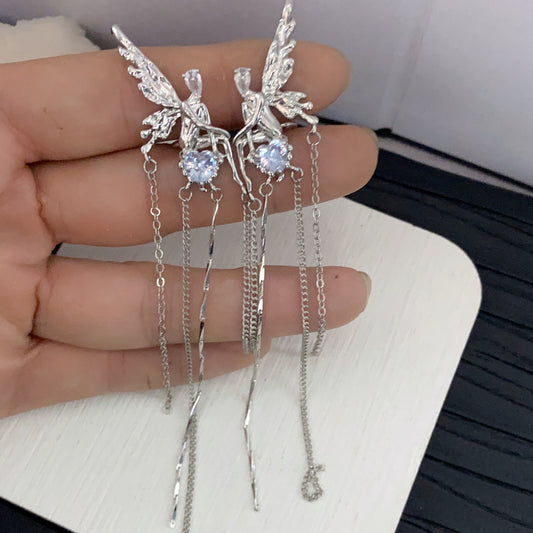 Angel Love Rhinestone Tassel Chain Ear Clip Feminine High quality Ear Clip Small number of design sense Earrings without ear holes