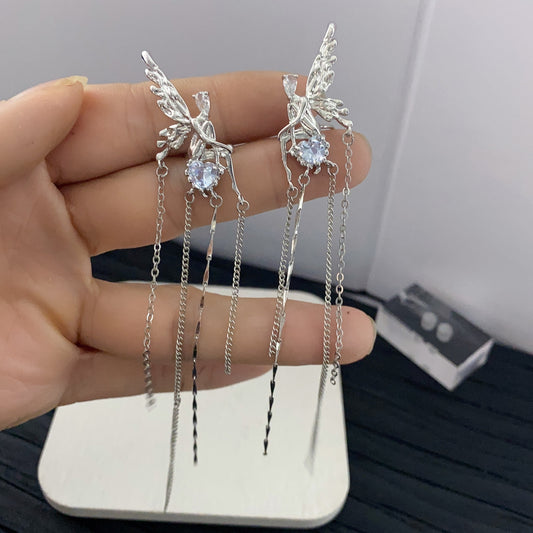 Angel Love Rhinestone Tassel Chain Ear Clip Feminine High quality Ear Clip Small number of design sense Earrings without ear holes
