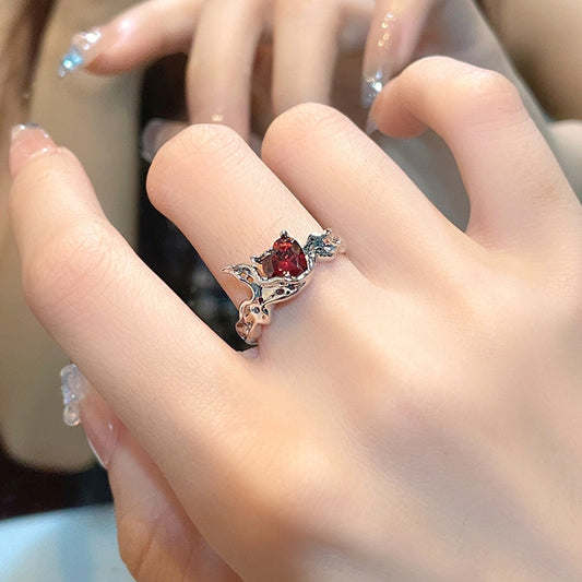 S925 sterling silver niche design red open diamond set zircon french irregular gem ring