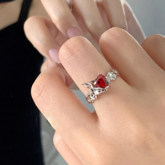 S925 sterling silver niche design red open diamond set zircon french irregular gem ring