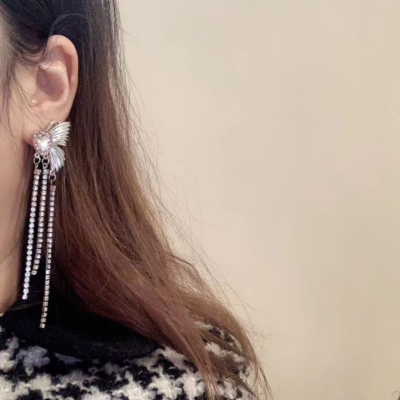 Fairy Delicate Baby Little Miss Sweet Cool Hot Girl High Grade Love Heart Shaped Studded Tassel Earrings