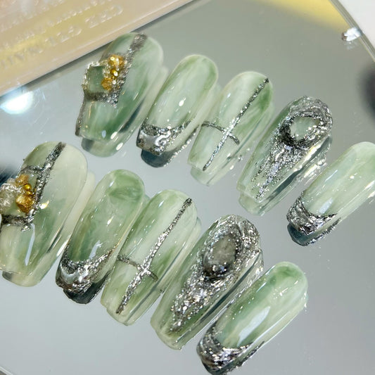 Wearing nail by hand 2022 new jade nail beauty halo dye light luxury autumn and winter mid long high-end customized products