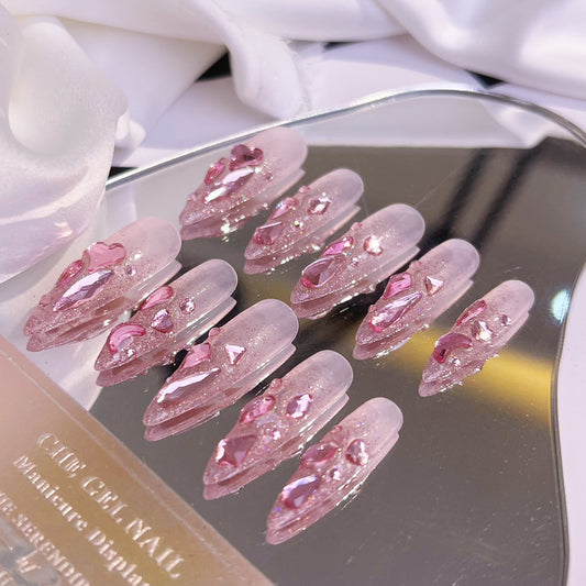 2022 New style of wearing nail, ice transparent, pure handmade nail enhancement, high-end feeling, pink diamond, explosive flash, summer wear