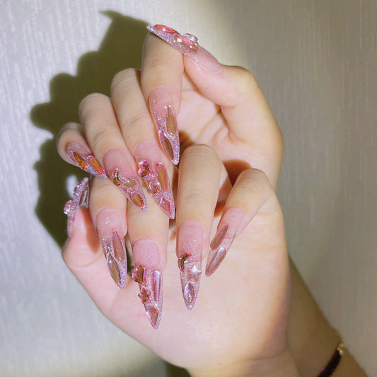 2022 New style of wearing nail, ice transparent, pure handmade nail enhancement, high-end feeling, pink diamond, explosive flash, summer wear