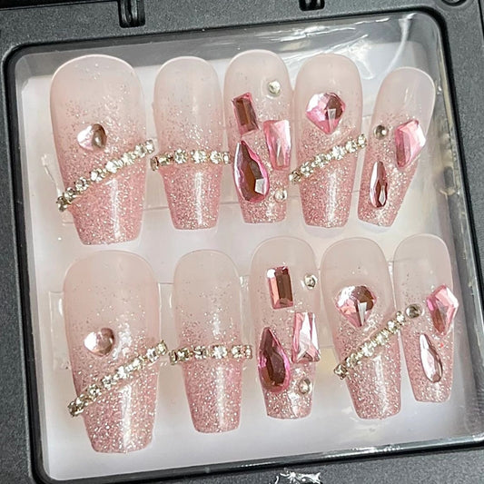 Pure handmade nail enhancement, glittering pink, broken diamond, butterfly, fairy air, white bride's nail enhancement, removable nail wearing patch
