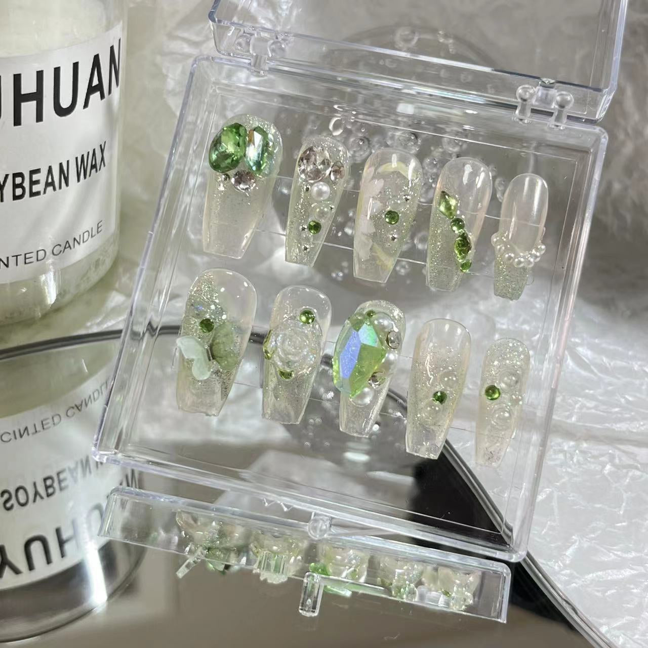 Wearing nail by hand, transparent green axe drill, color pile drill, hand-painted flowers, pregnant women and students can use removable nail enhancement