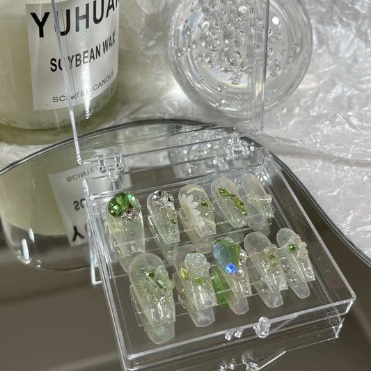 Wearing nail by hand, transparent green axe drill, color pile drill, hand-painted flowers, pregnant women and students can use removable nail enhancement