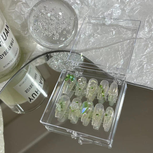 Wearing nail by hand, transparent green axe drill, color pile drill, hand-painted flowers, pregnant women and students can use removable nail enhancement