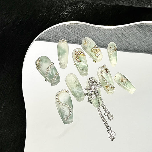 Qingqing Sea of Clouds | Oriental Aesthetics, National Style, Hand-painted Halo Dyed, Handmade Nail Enhancement, Stars and Moon Shining, Cupid's Arrow Wearing Armor